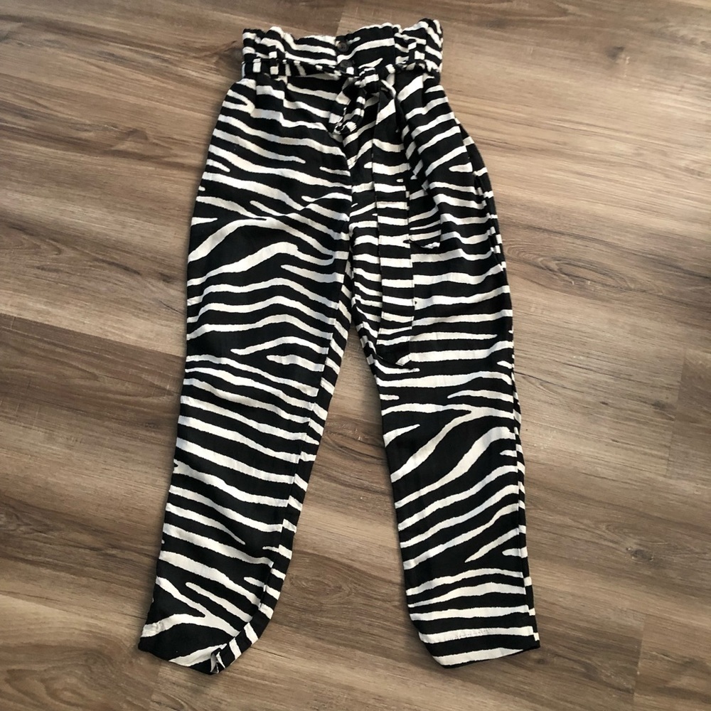 H&M Linen Blend Zebra Print Paper Bag Pants Women Size 2